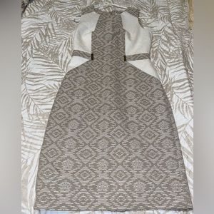 Calvin Klein, tan and white dress.